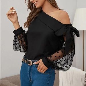 NWOT Elegant Black Off-Shoulder Blouse with Sheer Polka Dot Sleeves Size Large.